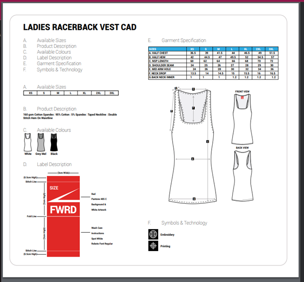 Size Guide - Ladies Racer